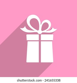 White gift box on pink background long shadow