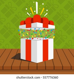 White gift box on table. Gifts on background. Flat vector illustration.