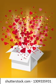 White gift box open explosion fly hearts and confetti Happy Valentine s day. Vector illustration template baner poster isolated. Gold background