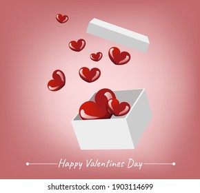 White gift box open and red glossy heart balloon floating on pink background love valentines day concept