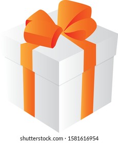 White gift box with orange ribbon isolated on white background. Vector illustration