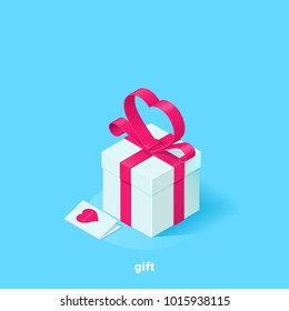 white gift box with a pink ribbon in the form of a heart and a greeting card on a blue background, isometric image