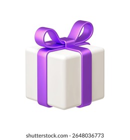 White gift box with purple bow ribbon isolated on white background. 3d render holiday decorations. Vector illustration. Design elements.