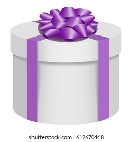 White gift box with a purple bow icon. Flat illustration of white gift box with a purple bow vector icon for web