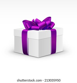 White Gift Box with Purple Violet Ribbon Isolated