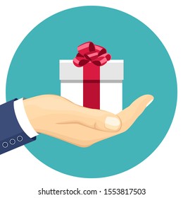 White gift box with red bow in male hand. Man holds present. Vector illustration in cartoon simple flat style. 