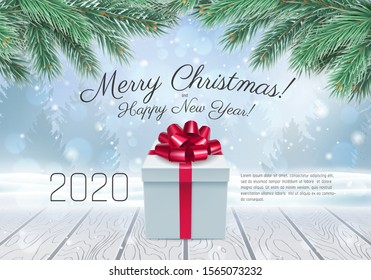 White gift box with a red bow standing on wooden table. Chrismas gift against a winer background with snowfallen and fir-tree spruce. Xmas and Happy New Year banner 2020. Holyday vector background