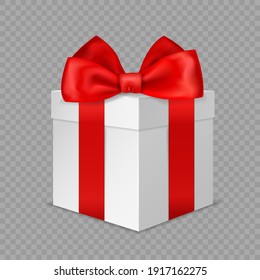 White Gift Box With Red Bow. Realistic Wrapped Present. 3D Closed Luxury Packaging With Satin Ribbon Angle View, Holiday Or Birthday Surprise, Vector Isolated On Transparent Background Illustration