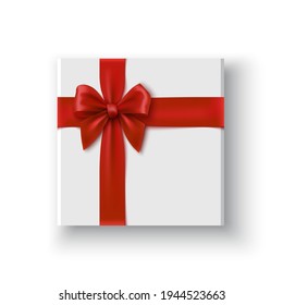 White gift box with red bow. Package with ribbon. Vector illustration.