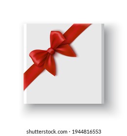 White gift box with red bow. Package with ribbon. Vector illustration.