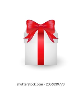 White gift box with red bow isolated on white background. Vector illustration.
