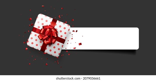 White gift box with red bow on white line. Space for text. Vector holiday illustration.