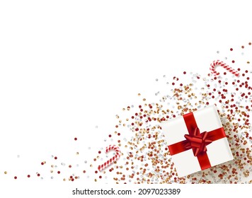 Weiße Geschenkbox mit roter Schleife auf einem Tisch mit Konfetti. 3D-Vektorflachbanner