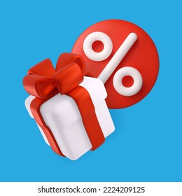 White gift box with a red bow and a percent sign on a blue background 3d. Vector illustration. Christmas Holiday Sale Concept