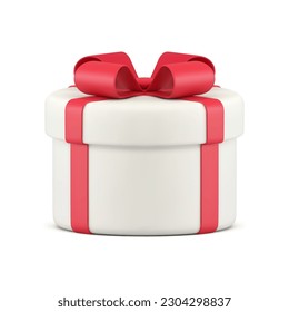 Casilla blanca de regalo con cinta de arco rojo icono 3d ilustración vectorial realista. Presentar el paquete de cilindros festividad felicitaciones feliz decoración de celebración de cumpleaños