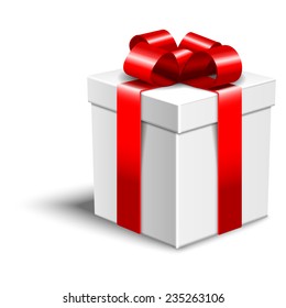 White gift box with red bow isolated on white, vector illustration