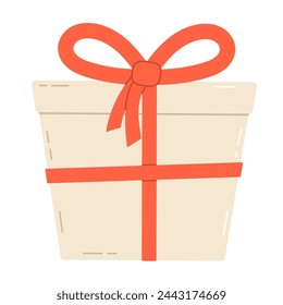 Weiße Geschenkbox mit roter Schleife. Geschenkbox, gebunden mit rotem Wickelband. Flache Vektordarstellung