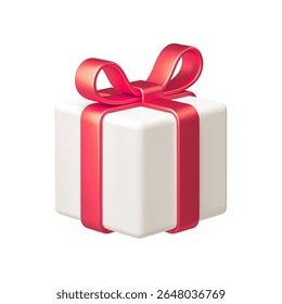 White gift box with red bow ribbon isolated on white background. 3d render holiday decorations. Vector illustration. Design elements.