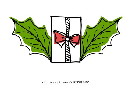 White gift box with a red bow and green holly leaves, hand-drawn illustration in the style of scribbles. Gift concept, special price design, Christmas and New Year sales in stores. Holiday design