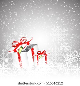 white gift box with a red bow standing on fresh snow with background bokeh of snow flakes
