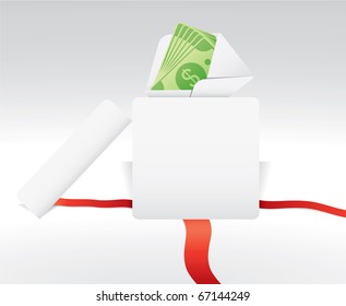 White gift box with a red bow. with an envelope with money.