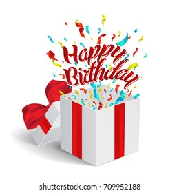 White gift box with red bow and confetti isolated on white background. Vector illustration.