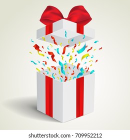 White gift box with red bow and confetti isolated on white background. Vector illustration.