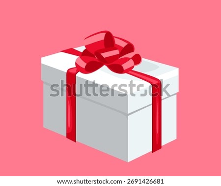 White gift box with red bow isolated on pink background. Vector cartoon flat illustration. Present icon.