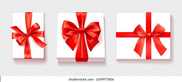 White gift box with red color bow knot, ribbon isolated on transparency  background. Happy birthday, Christmas, New Year, Wedding or Valentine Day package concept. Vector illustration top view