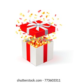 White Gift Box with red cover and gold confetti. Open gift box. festive background. Free delivery, bargain, special offer. Vector Illustration.
