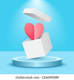 White gift box with red heart shape inside standing on realistic round podium and illuminated with spotlight. Congratulation with holidays and expression of sincere feelings.