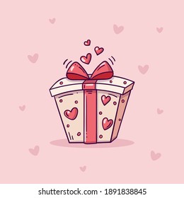 White gift box with red hearts and bow and ribbon in doodle style