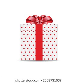 White gift box with red polka dots and red ribbon bow. 3d style, design for giveaway, surprise, holiday. Vector illustration. stock illustration