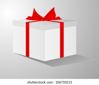 White gift box with red ribbon on white background. Vector.