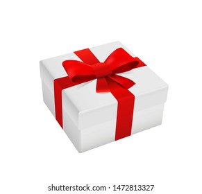 White gift box with red ribbon and bow isolated on white background. 3d packaging for black friday, christmas, new year sales. Marketing visualization. Top view pack. Vector illustration.
