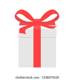 White gift box with a red ribbon and bow. Icon. Isolated. White background. Vector illustration