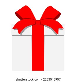 White gift box with red ribbon, isolated on background. Flat style present box vector illustration.
