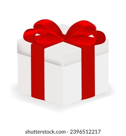 White gift box with red ribbon isolated on a white background with shadow. Decorative gift box