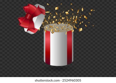 White gift box with red ribbon and gold confetti. On a transparent background.