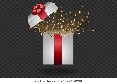 White gift box with red ribbon and gold confetti. On a transparent background.