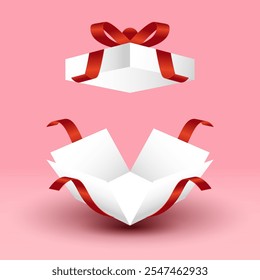 white gift box, red ribbon, open.