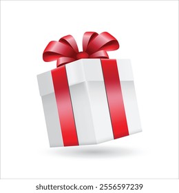 White Gift box red ribbon, birthday package. Vector illustration. Delight present. Surprise concept. stock illustration