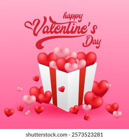 A white gift box with a red ribbon overflows with red and pink hearts Scattered hearts and Happy Valentine's Day in festive font complete the romantic vibe