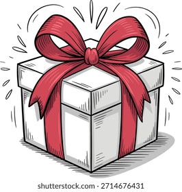 White gift box with red ribbon and bow present white box