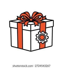 Weiße Geschenkbox mit rotem Band und Zahnradsymbol auf der Vorderseite