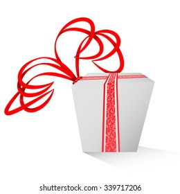 White gift box with red ribbon isolated on white