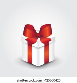 White gift box with red ribbon. Vector illustration