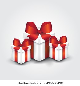 White gift box with red ribbon. Vector illustration