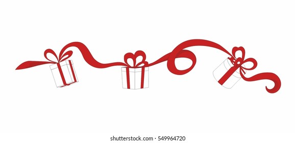 White gift box with red ribbon. garland. Celebration concept. 