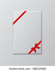 White gift box with red ribbon and bow template. Vector illustration.